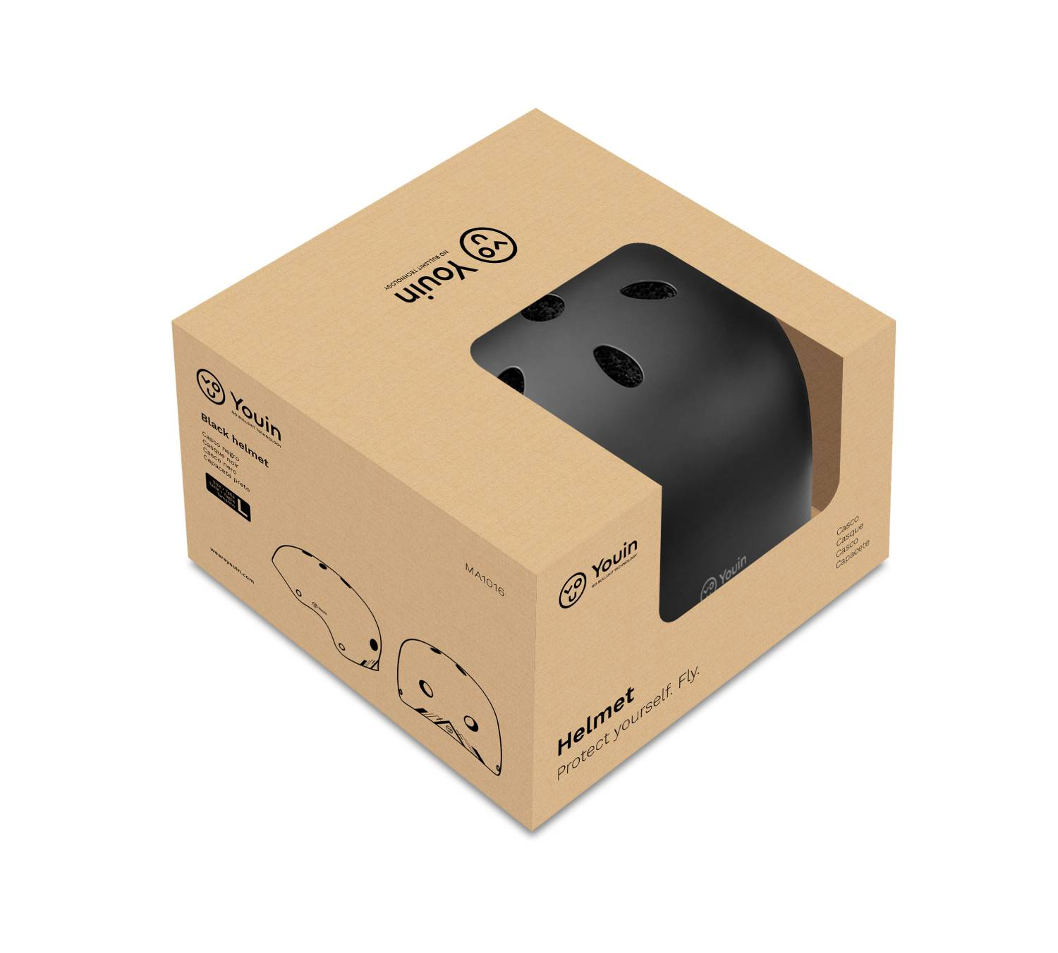 Casco negro Youin en caja de cartón con detalles del producto.