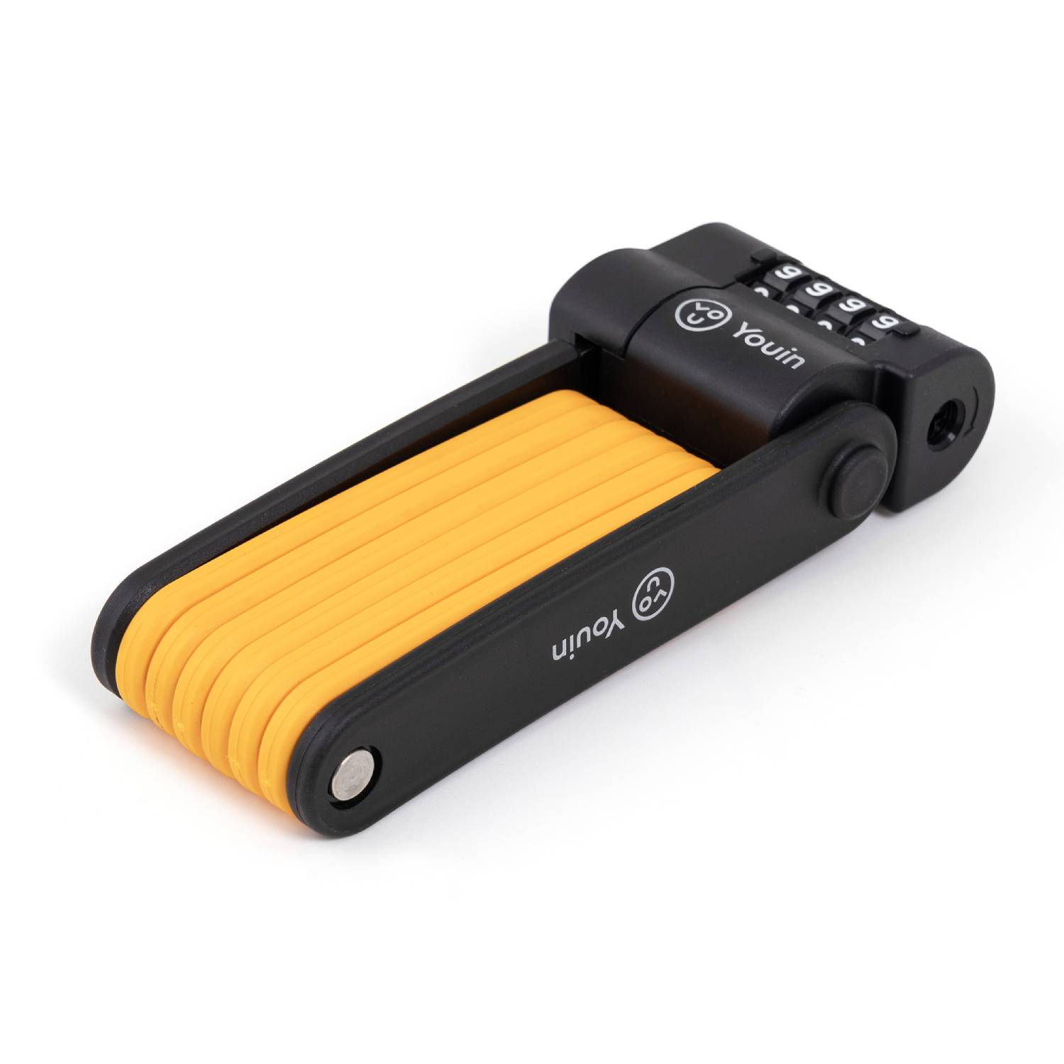 Candado de bicicleta plegado con eslabones amarillos y carcasa negra con combinación numérica.