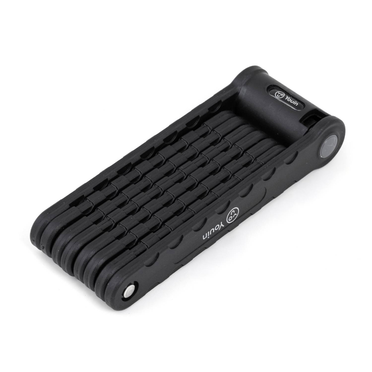Un candado de bicicleta negro y plegado con la marca 
