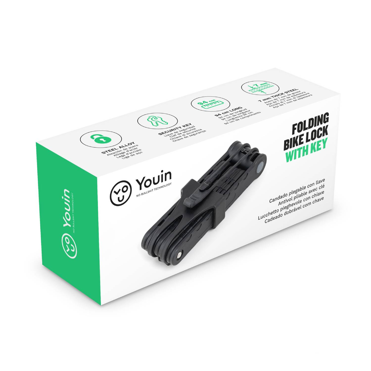 Candado plegable negro para bicicleta con llave, de acero, 94 cm de largo.