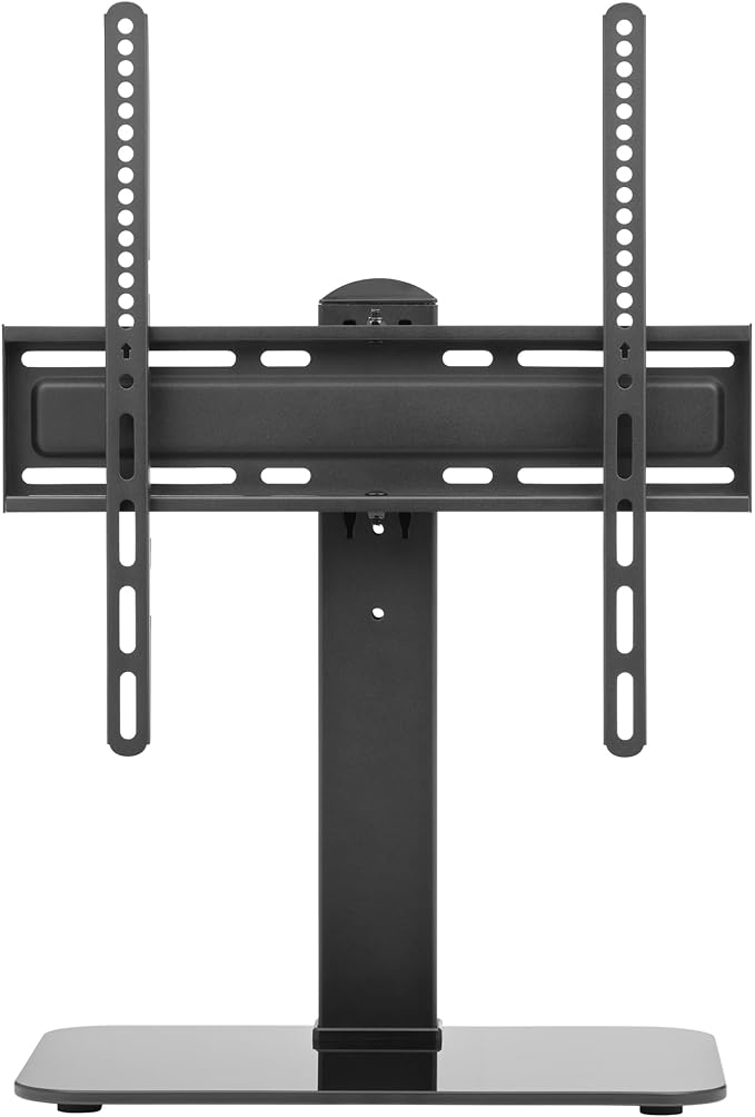 Soporte de TV negro con brazos de montaje ajustables y base plana.