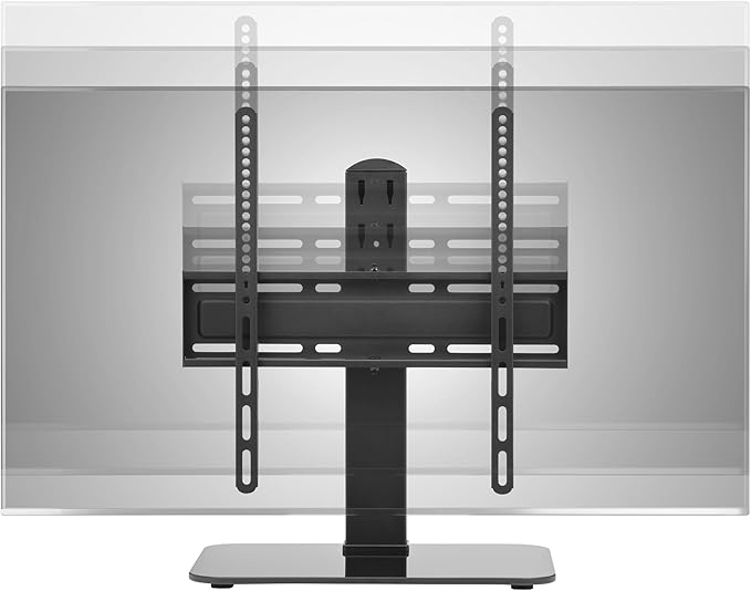 Un soporte de TV negro con montaje delante de un televisor transparente.