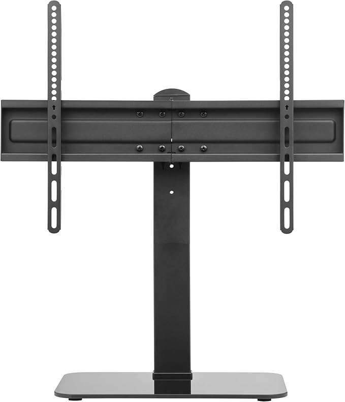Soporte negro para TV con soportes ajustables y base rectangular.