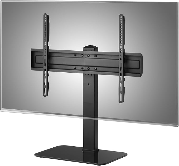 Soporte de TV negro con soportes ajustables sobre fondo gris.