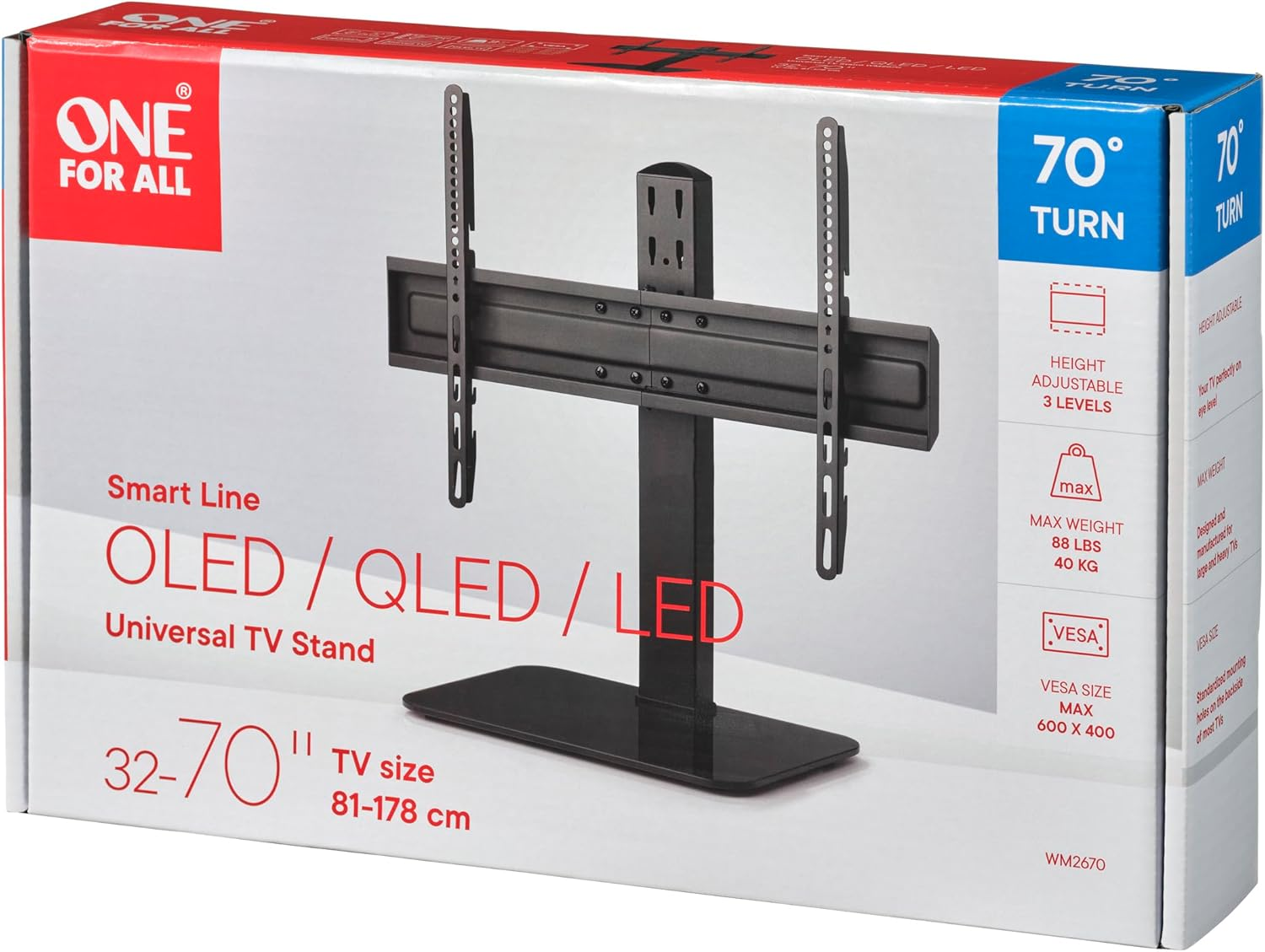 Caja de un soporte de TV negro para televisores de 32-70 pulgadas, regulable en altura.