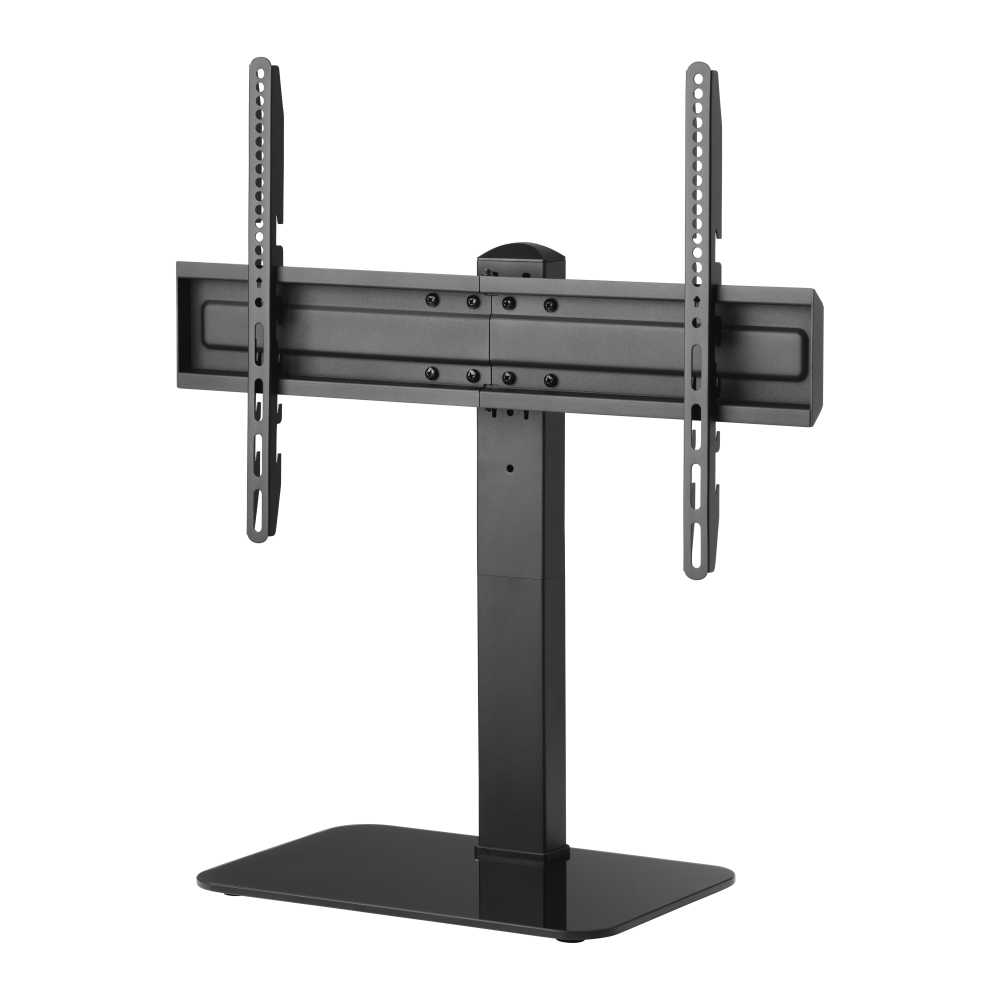 Soporte de TV negro con soporte de pantalla ajustable sobre base de cristal.