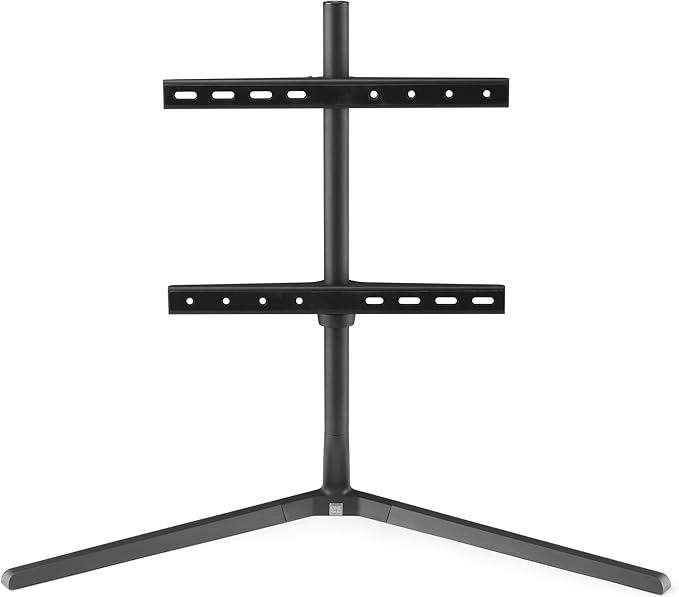 Un soporte de TV negro, independiente, con base ancha y dos soportes horizontales.