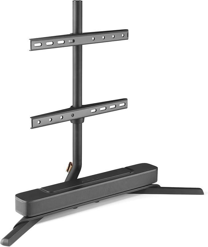 Soporte de TV negro con dos soportes y una base ancha.