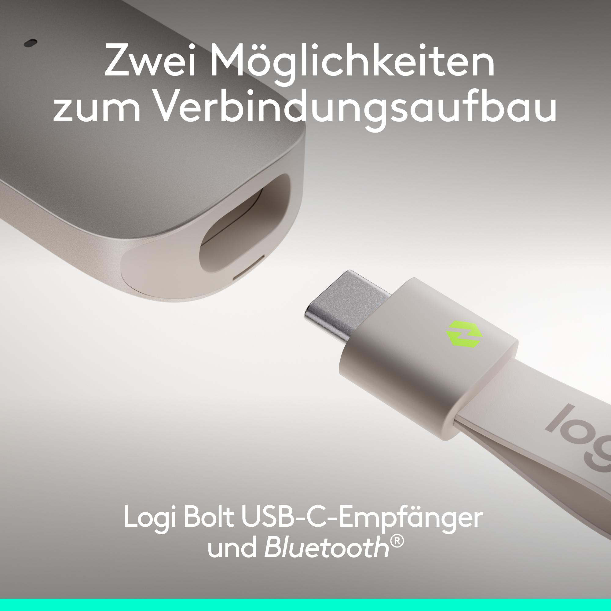Logi Bolt USB-C Empfänger und Bluetooth. Nahaufnahme.