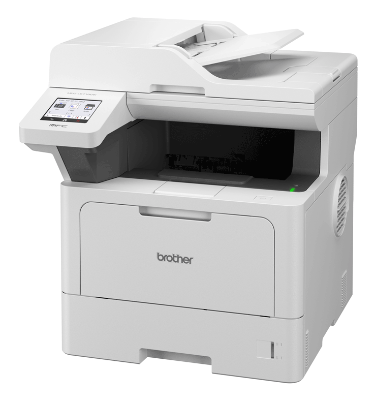 Biała drukarka Brother MFC-L8710DW z ekranem dotykowym i tacą odbiorczą.