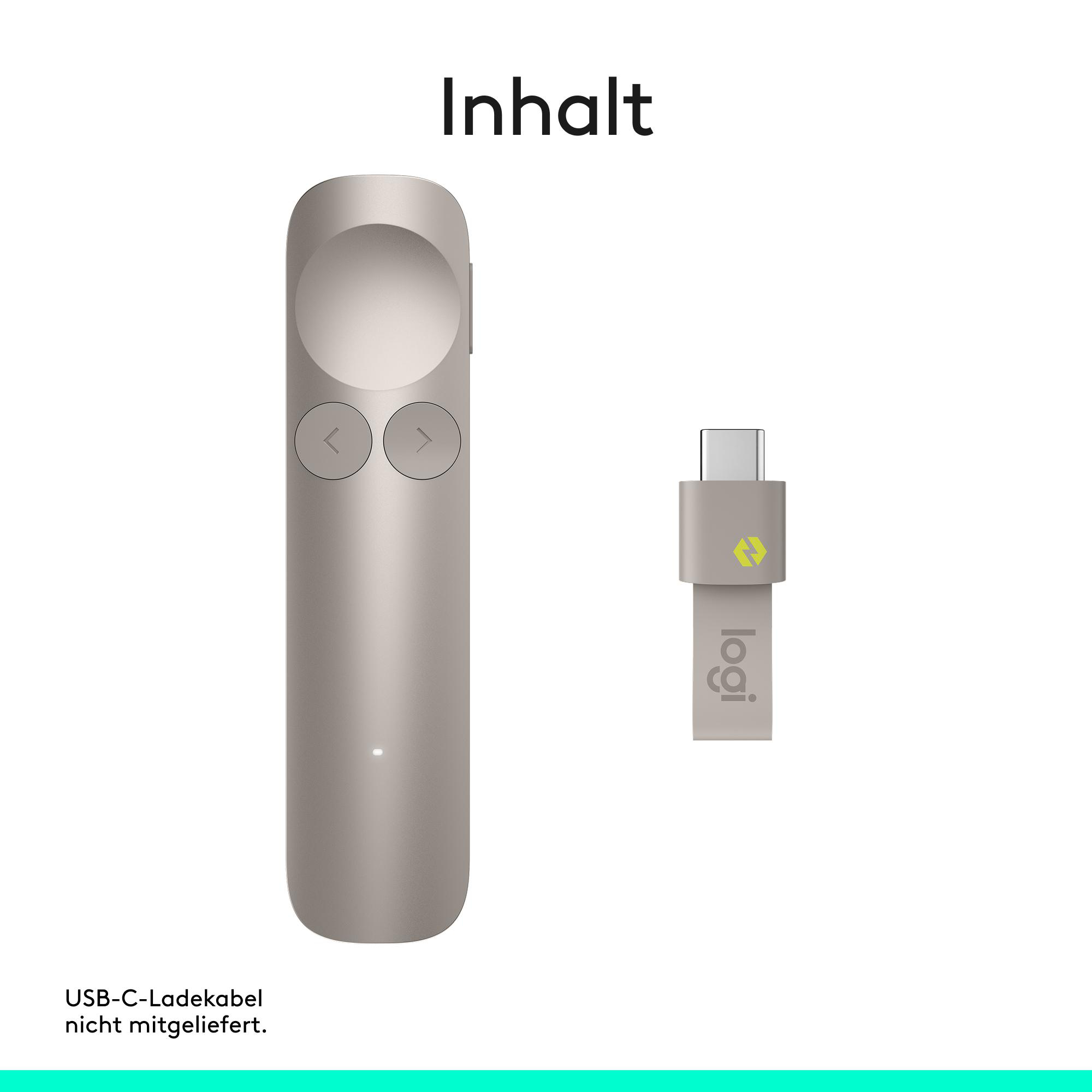 Silberner Präsentations-Fernbedienung und USB-C Empfänger. Text: 'Inhalt'.