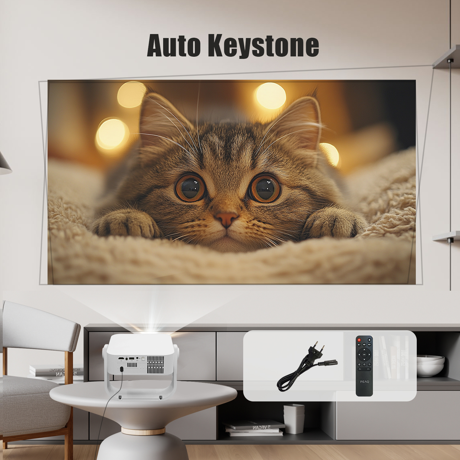 Ein weißer Projektor projiziert ein Bild einer Katze mit Lichterketten im Hintergrund.