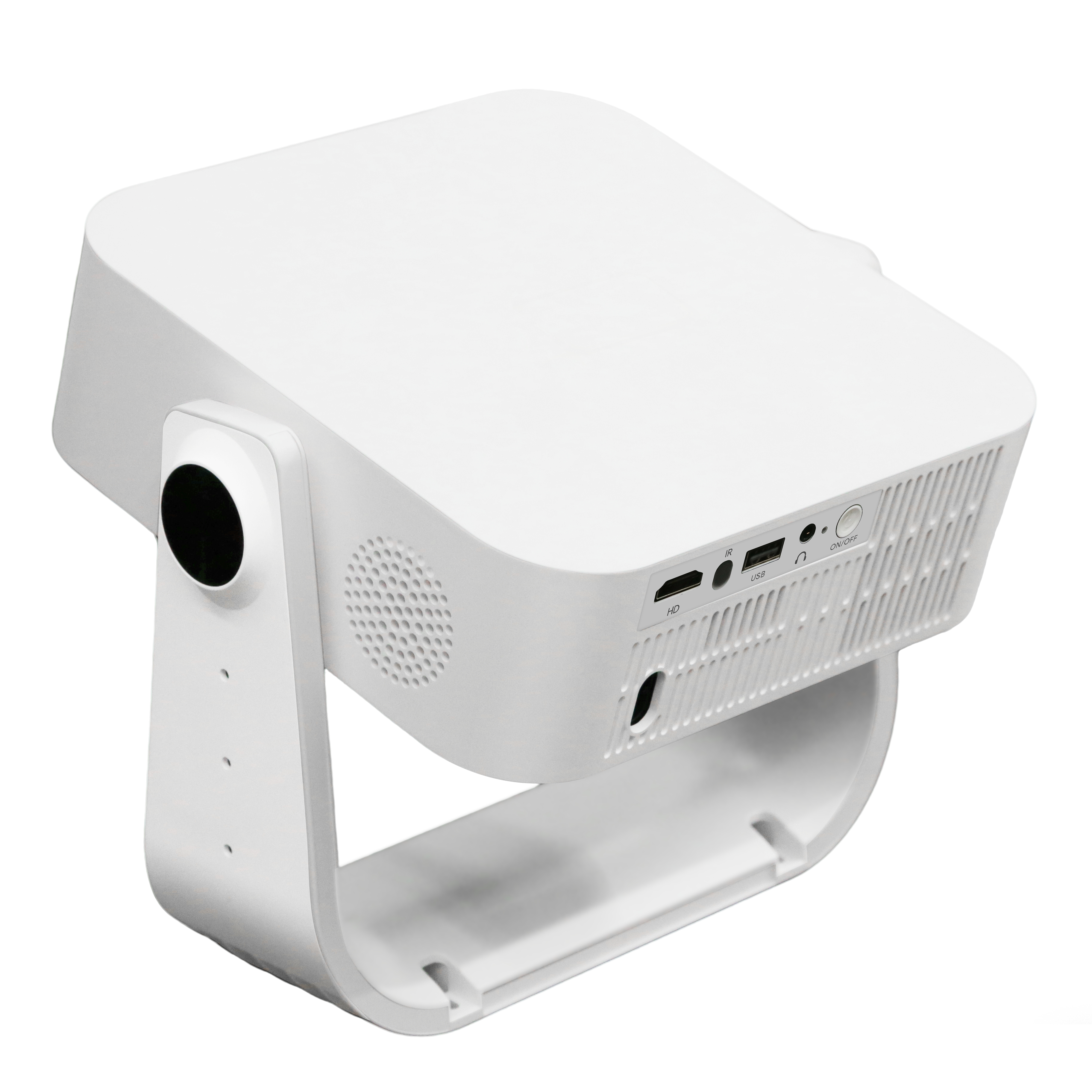 Ein weißer Mini-Projektor mit Anschlüssen wie HDMI und USB.