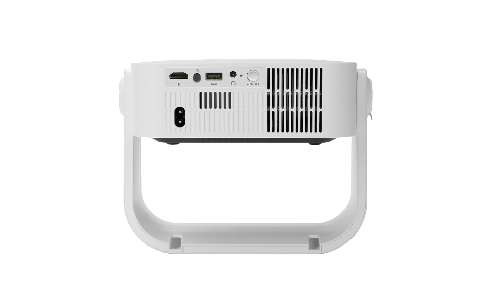Weier Projektor Rückansicht: HD, USB, Audioansch., EIN/AUS-Taste, Belüftung, Strom.
