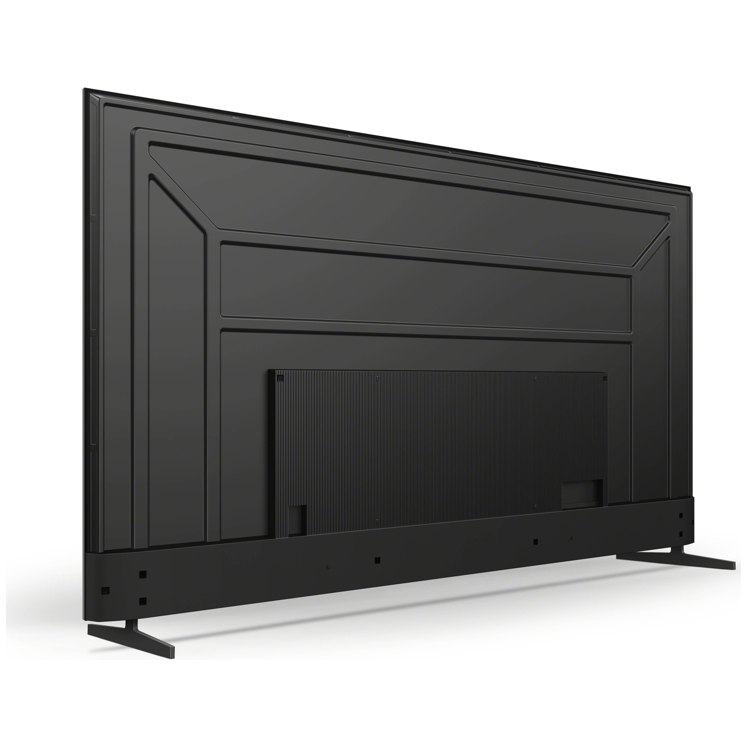 Achterkant van een zwarte flatscreen-tv met getextureerd paneel en twee poten.