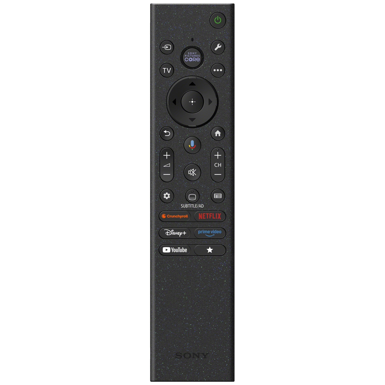 Télécommande Sony noire à motif étoiles, boutons de navigation et d'applications.