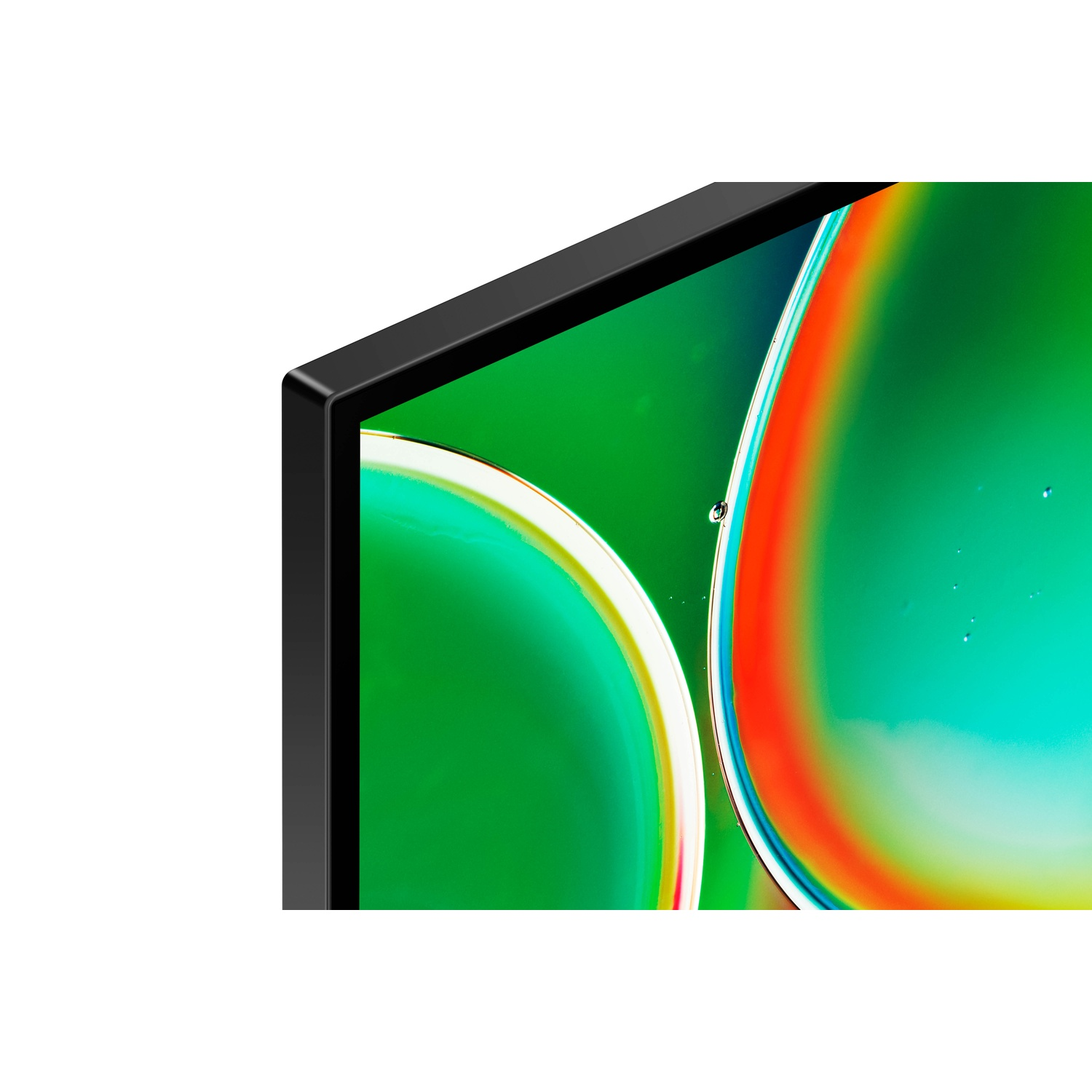 Close-up van een zwarte monitor met een kleurrijke abstracte achtergrond.