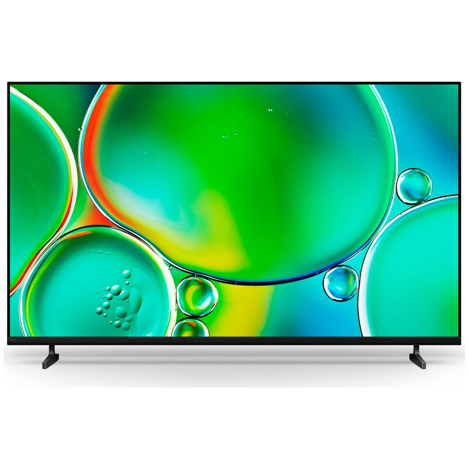Een moderne zwarte televisie met een levendige, abstracte achtergrond van groene en blauwe bubbels.