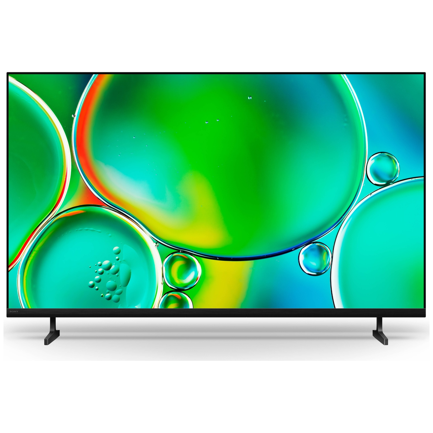 Een zwarte Sony TV toont een kleurrijk abstract scherm met groene, blauwe en rode cirkels.