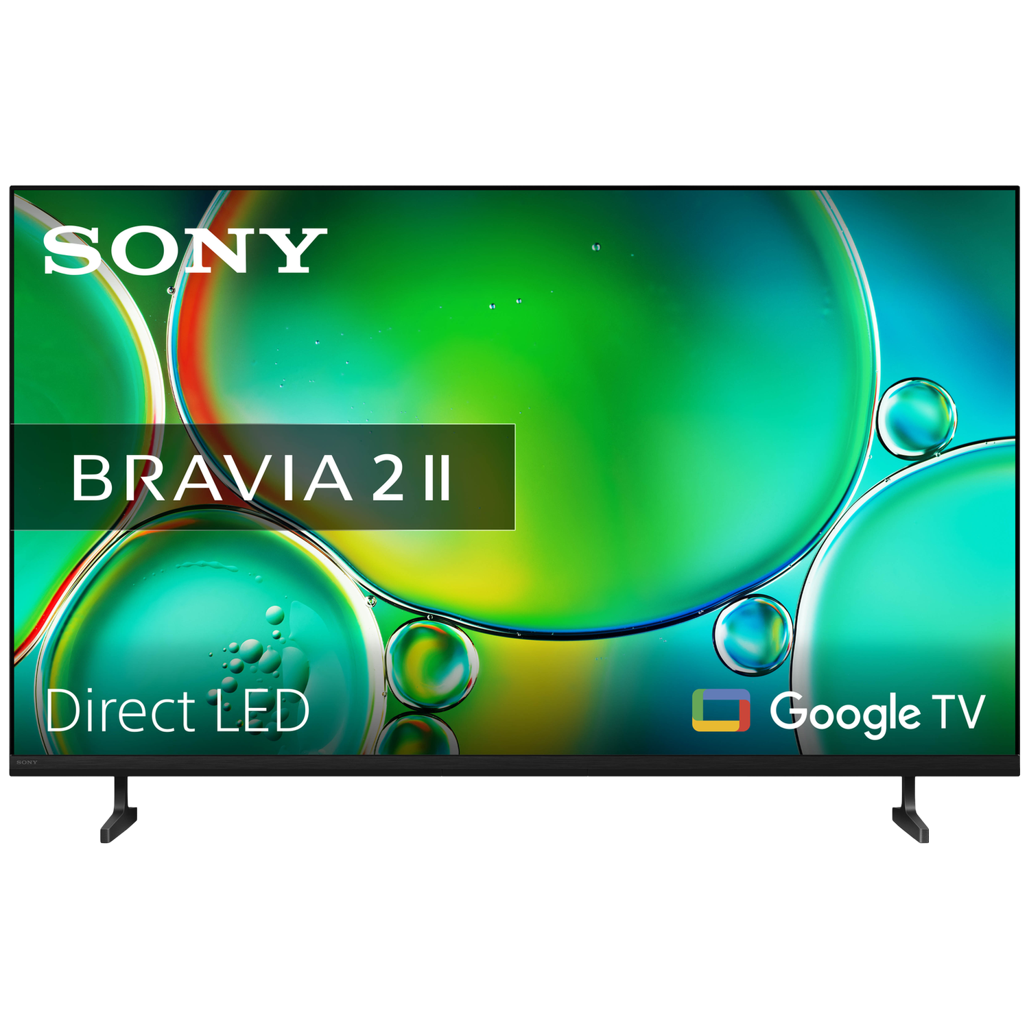 Sony Bravia 2 II Direct LED Google TV met levendig groen en blauw abstract scherm.