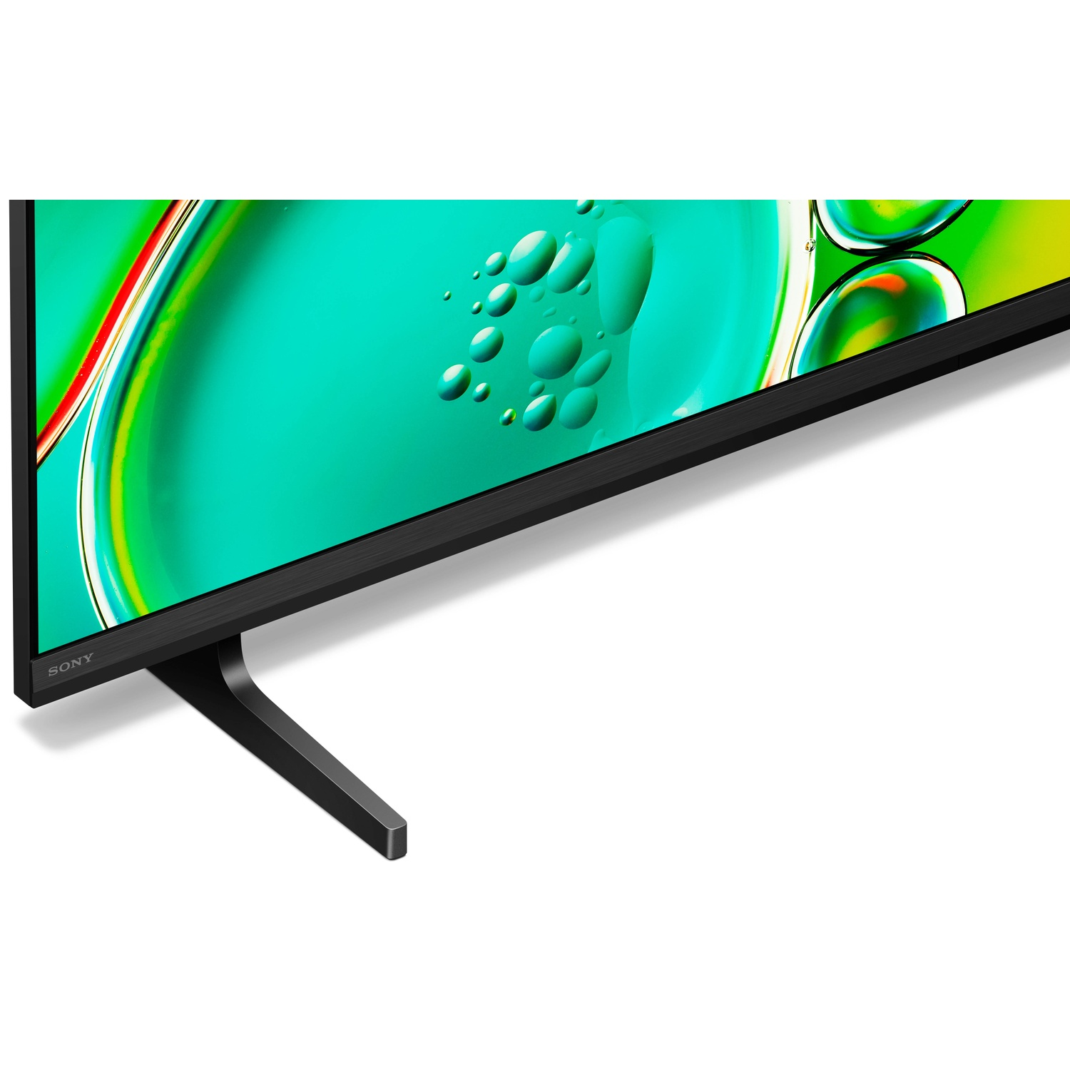 Sony TV met groene achtergrond en bubbelontwerp, zwarte standaard.