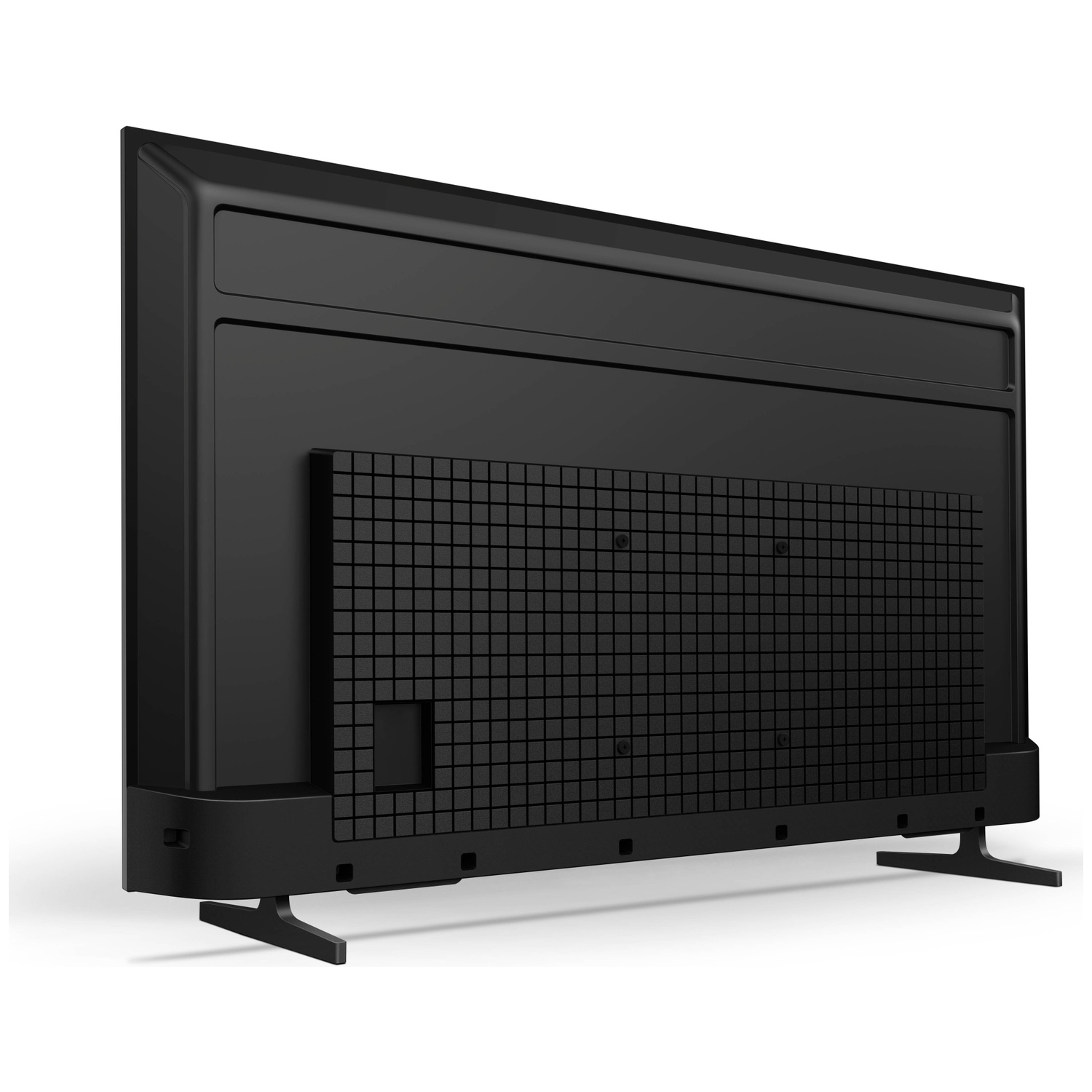 Achterkant van een zwarte televisie met rasterpatroon en standvoeten.