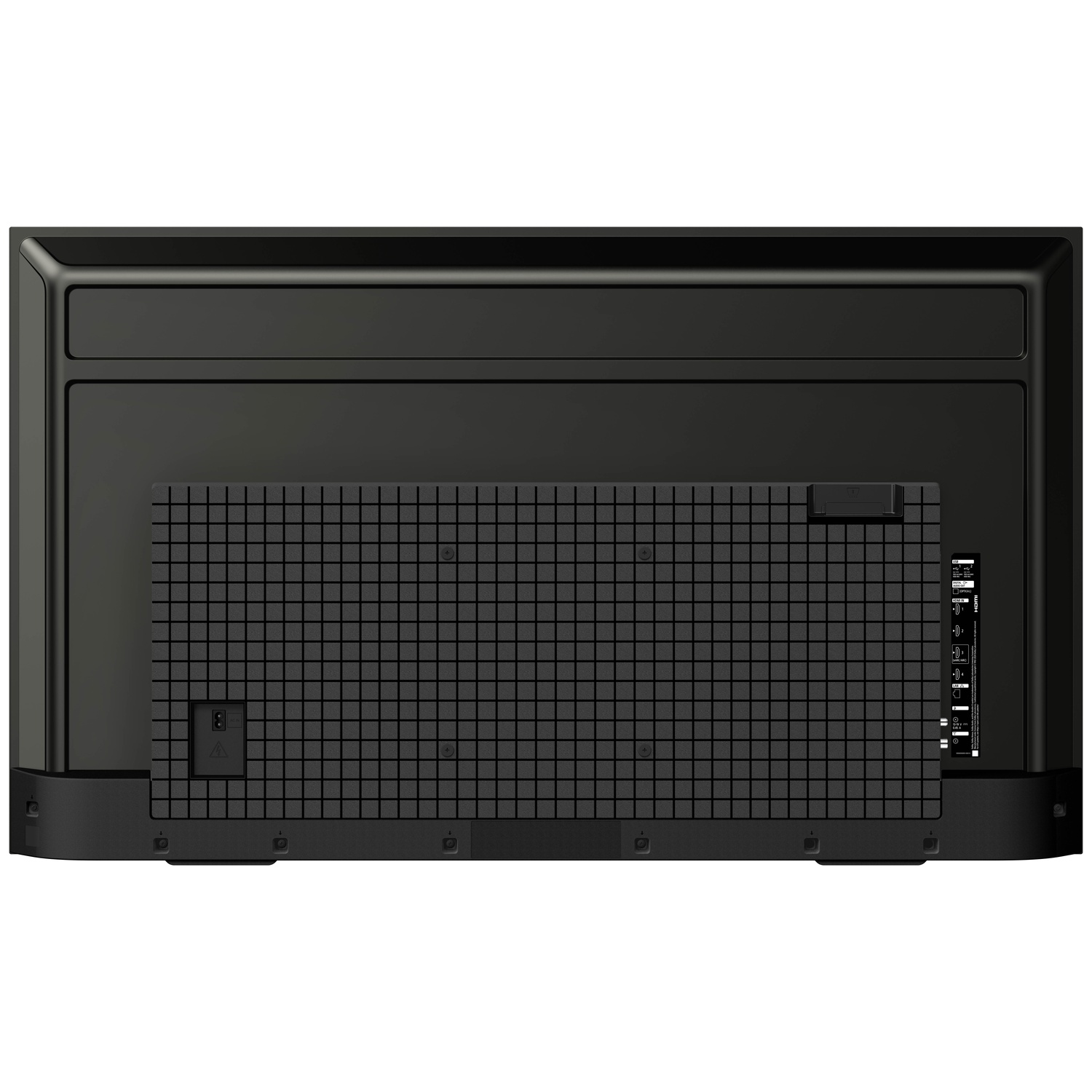 Achterkant van een zwarte televisie met poorten en ventilatierooster.