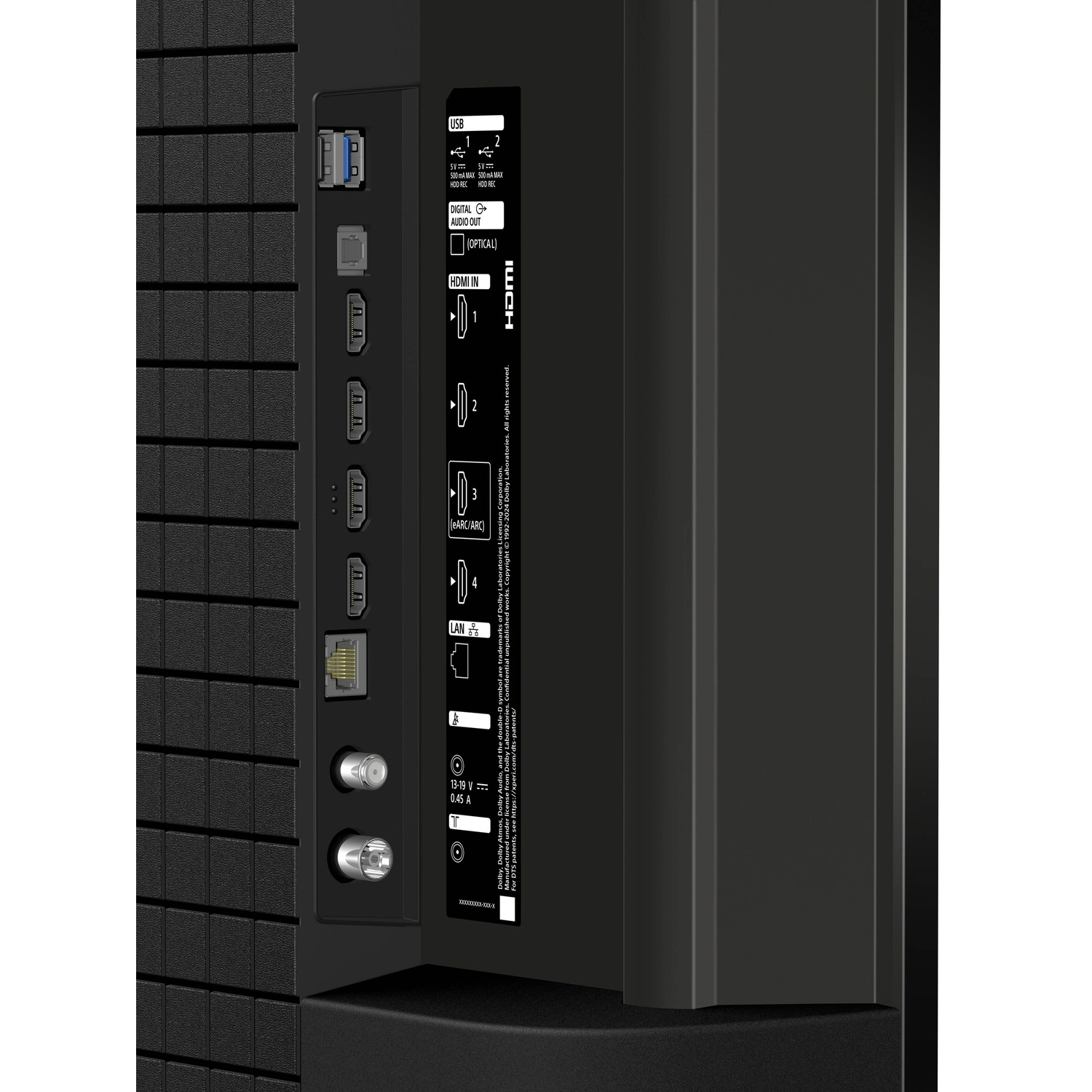 Achterkant tv met poorten: USB, HDMI, LAN, Coaxiaal.
