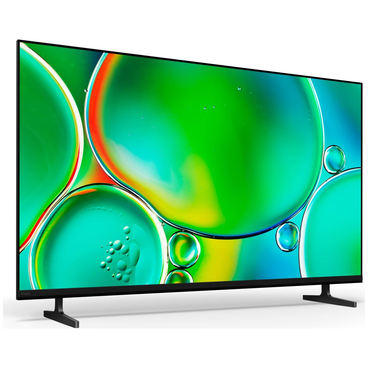 Een strakke zwarte Sony TV op een witte achtergrond toont een levendige abstracte afbeelding van groene en blauwe bubbels.
