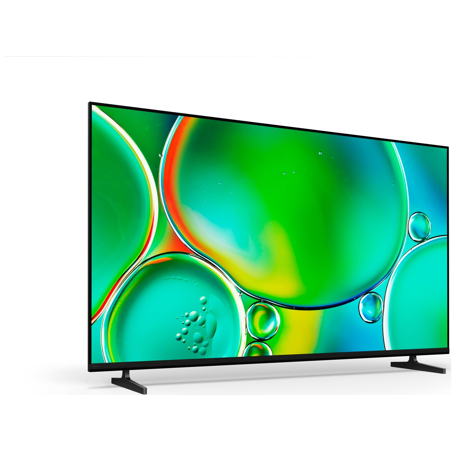 Een moderne televisie met een levendige afbeelding van groene en blauwe bubbels.