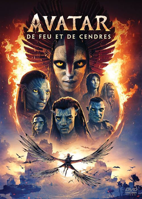Personnages d'Avatar volent sur des créatures ailées sur fond de feu.