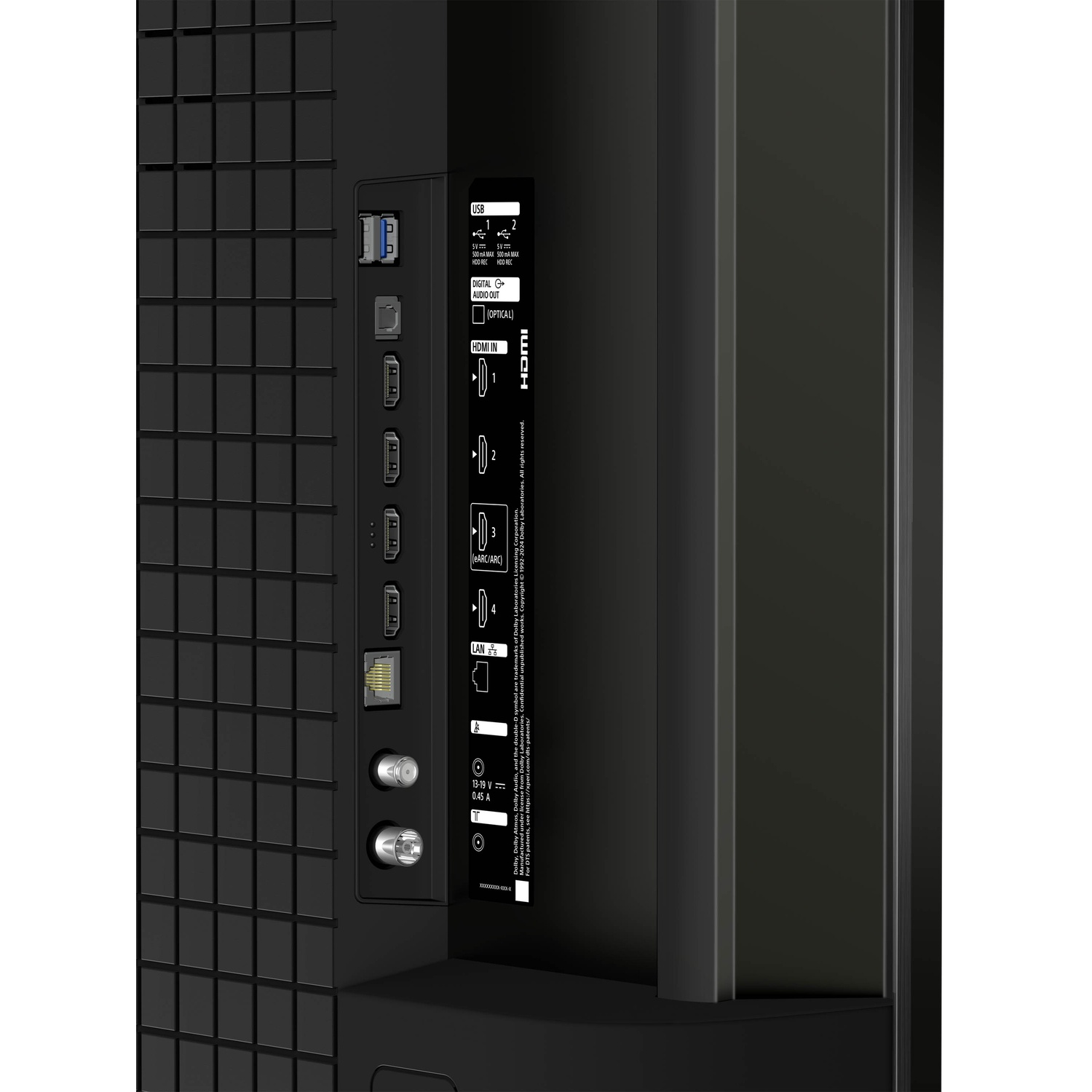 Achterkant van een tv met poorten: USB, HDMI, LAN, Coaxiaal.