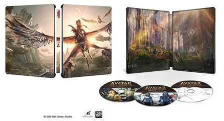 Steelbook Avatar avec disques. Présente des personnages Na'vi, des créatures et des paysages de Pandora.