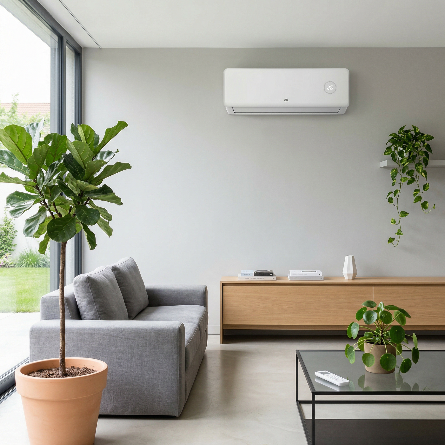 Sala de estar moderna con sofá gris, mueble de madera y aire acondicionado.