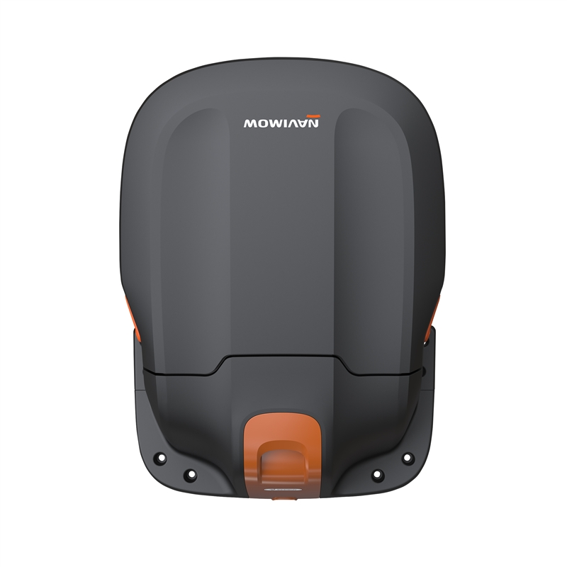 Una estación de acoplamiento de robot cortacésped gris y naranja con marca "NAVIMOW".