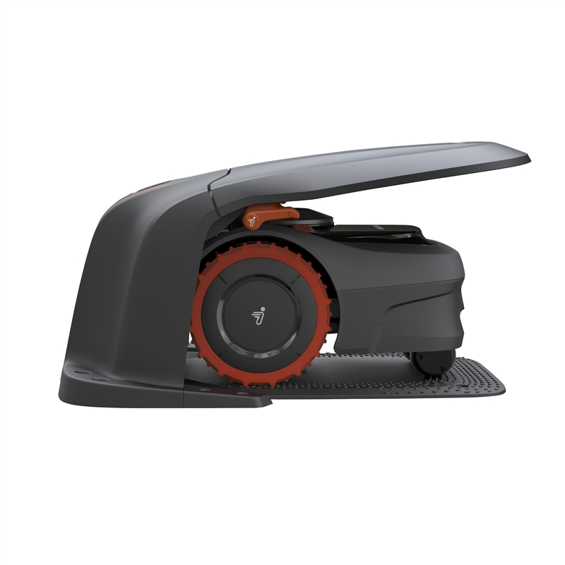 Un robot cortacésped negro con rueda roja y capó abierto.
