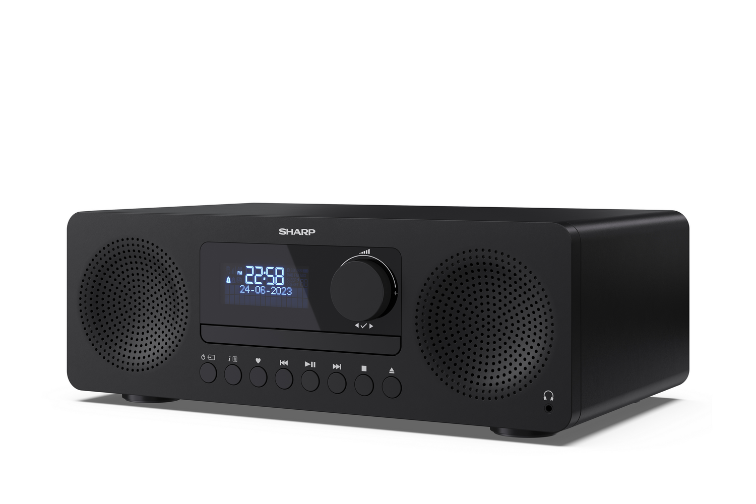 Un radio despertador Sharp negro con altavoces, pantalla y botones de control.