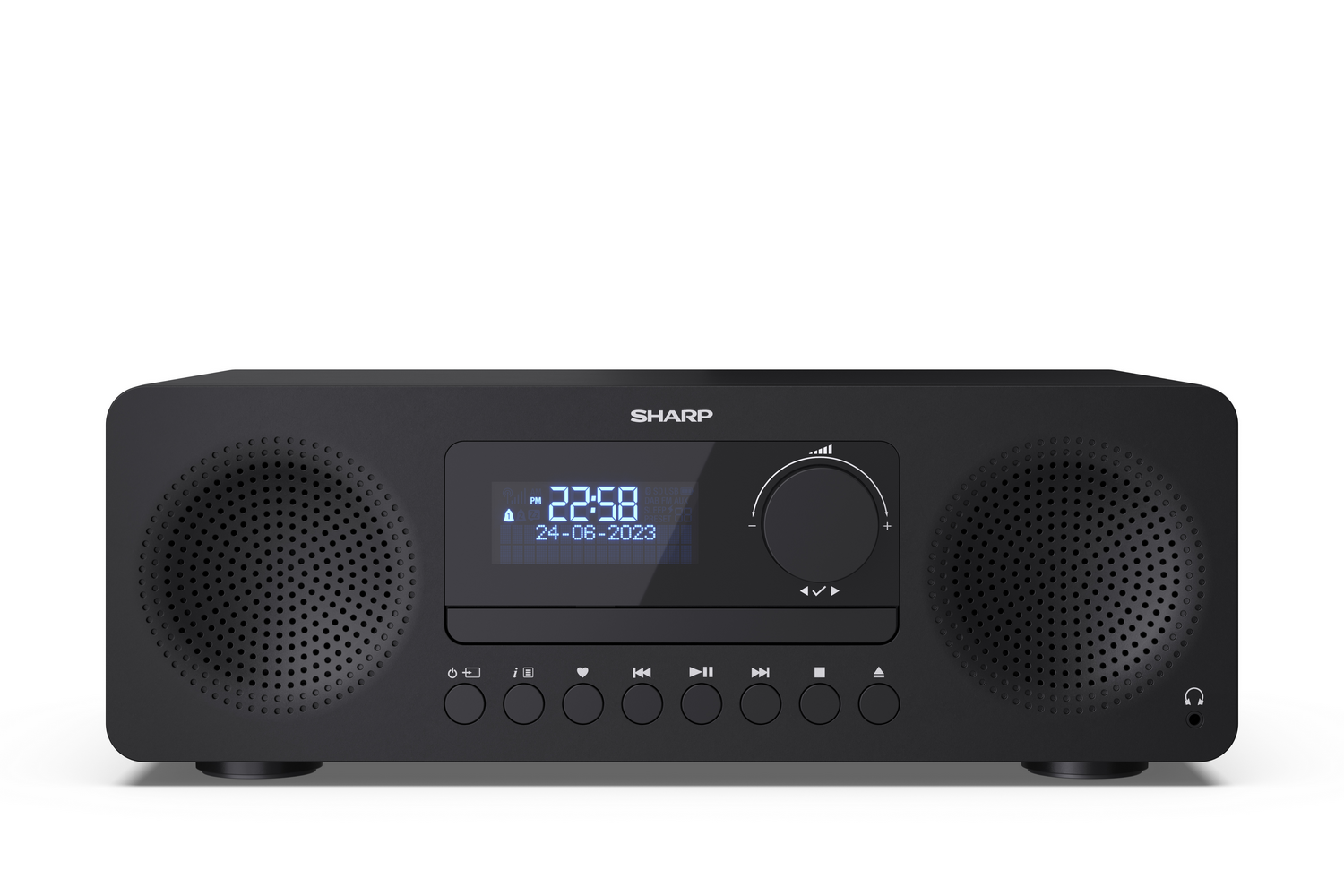 Radio despertador SHARP negro con altavoces y pantalla digital.