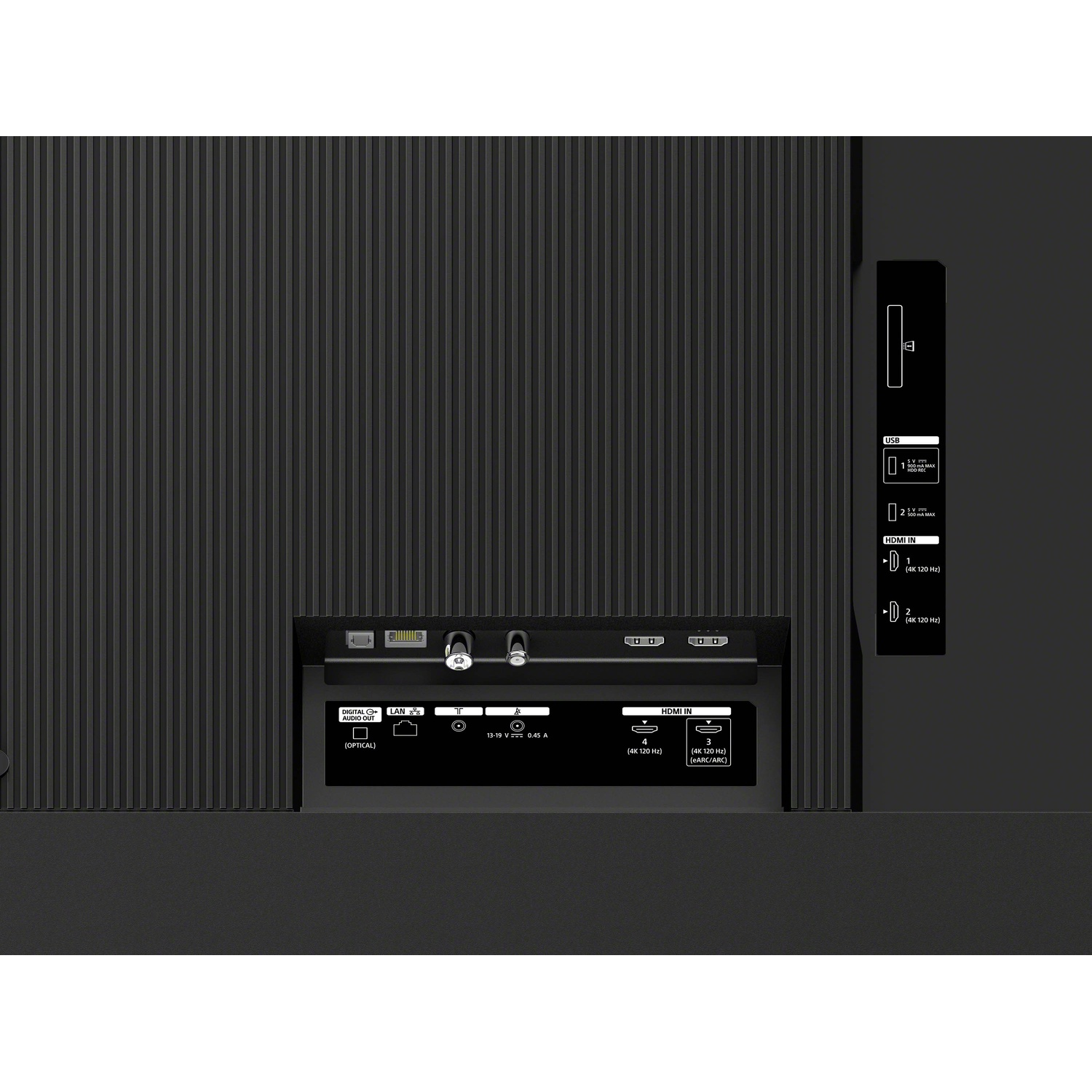 Achterpaneel van een tv met HDMI-, USB- en optische poorten.