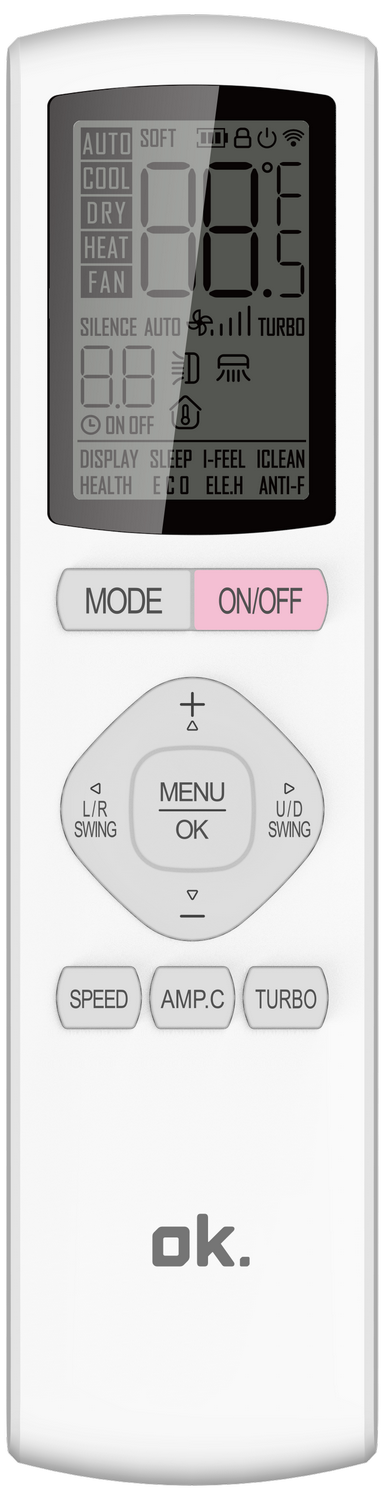 Un mando a distancia blanco con pantalla digital y botones de control.