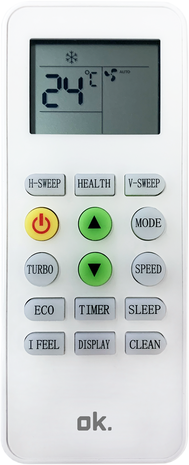 Mando a distancia blanco con pantalla LCD que muestra 24 grados.