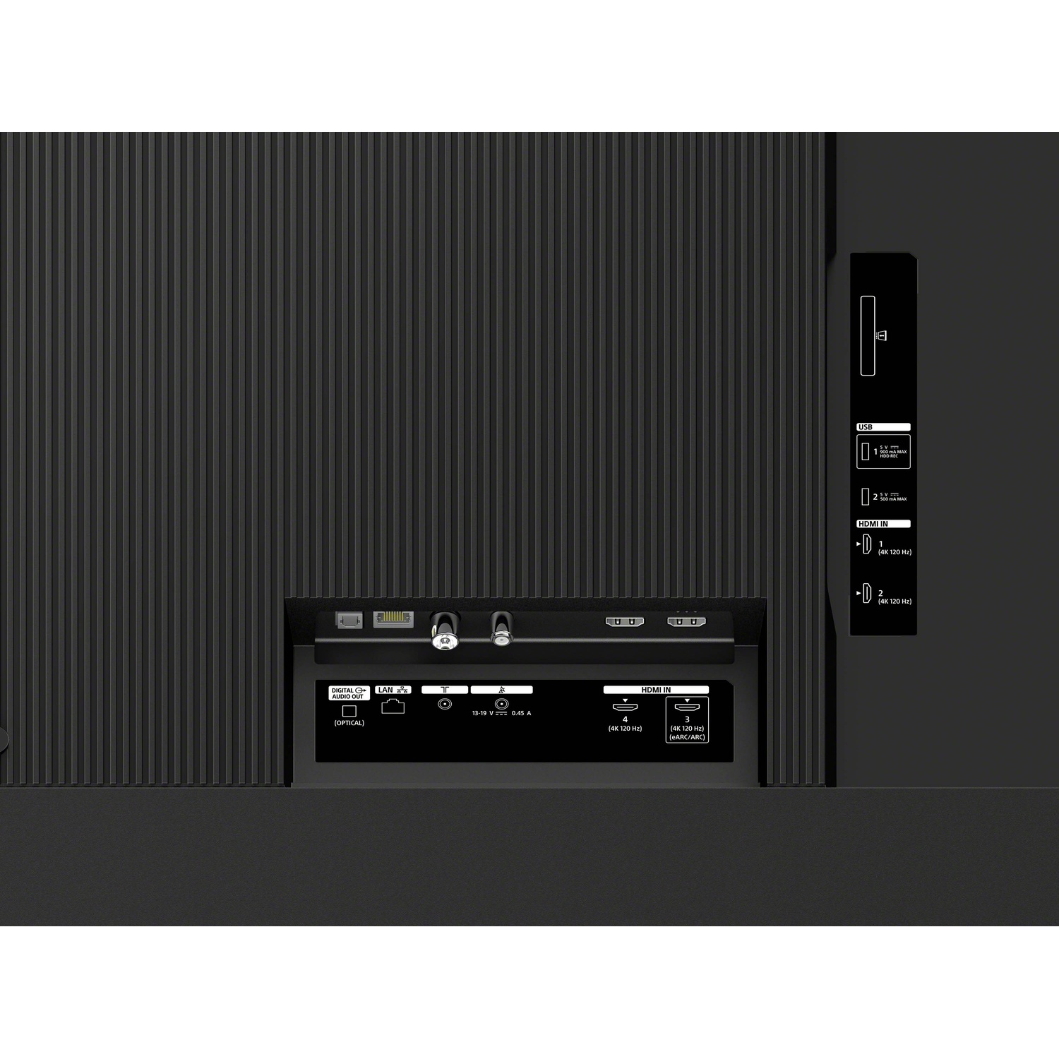 Achterpaneel van een tv met poorten: USB, HDMI IN, DIGITAL AUDIO OUT, LAN en stroomingang.