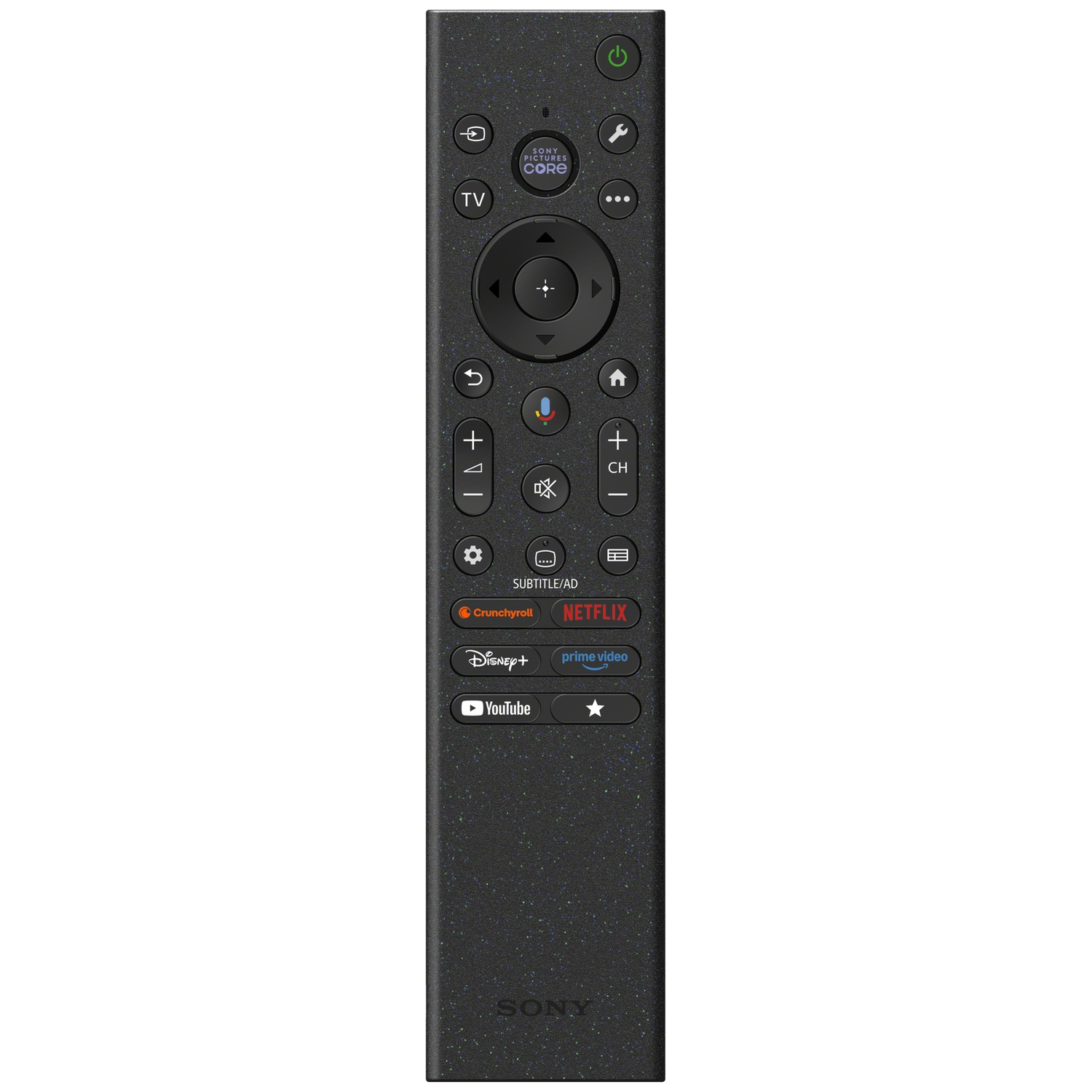 Een donkere Sony TV-afstandsbediening met veel knoppen en app-iconen.