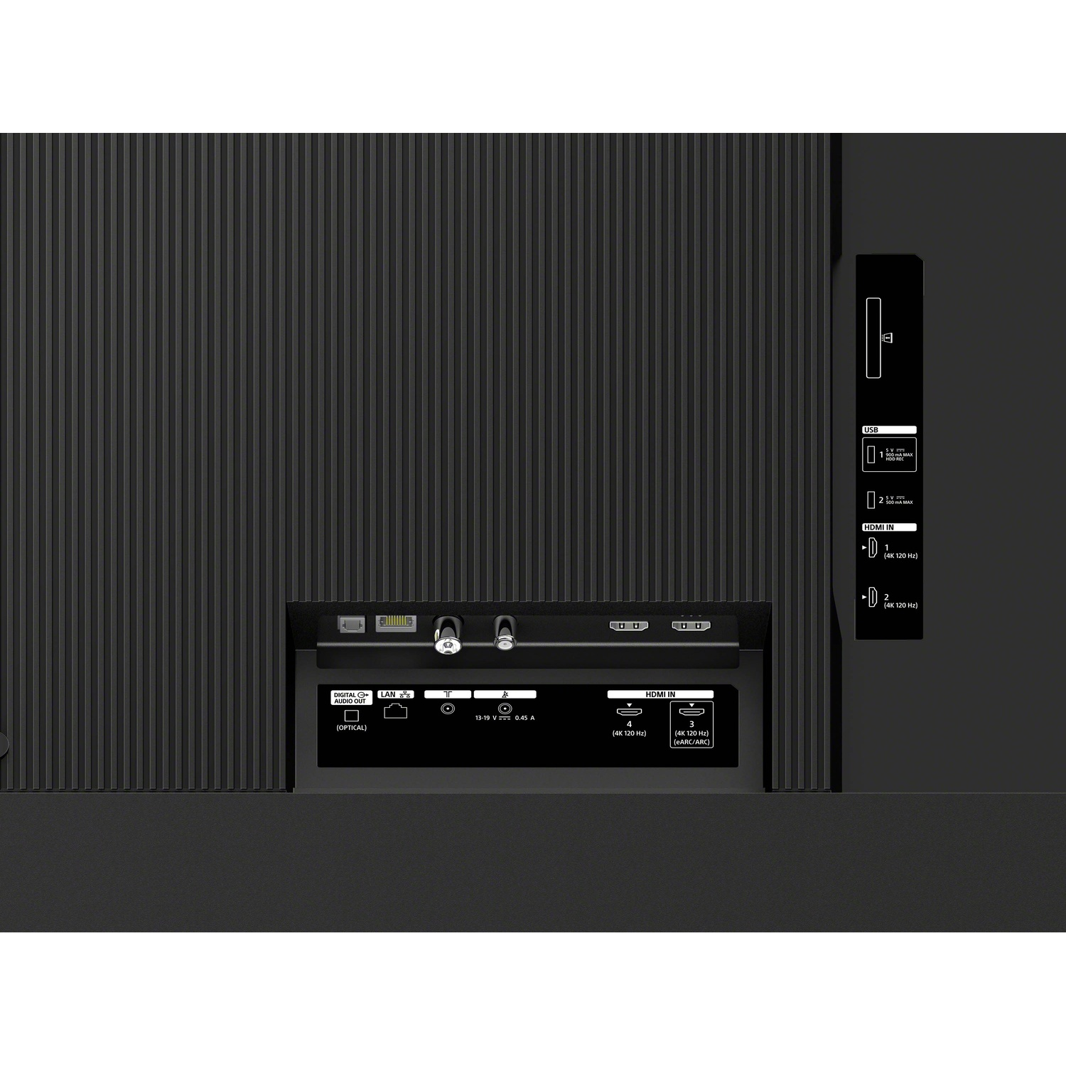 Achterkant tv met poorten: USB, HDMI, LAN, Digitale audio-uitgang.