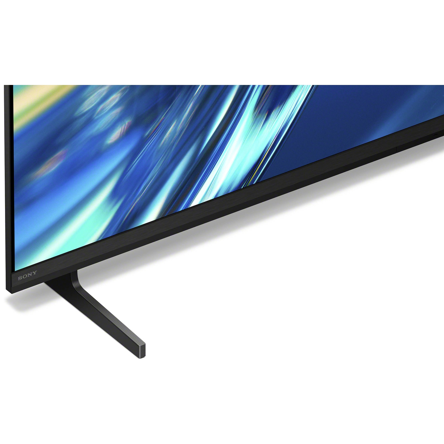Zwarte tv-standaard met Sony-logo en abstracte blauwe scherminhoud.