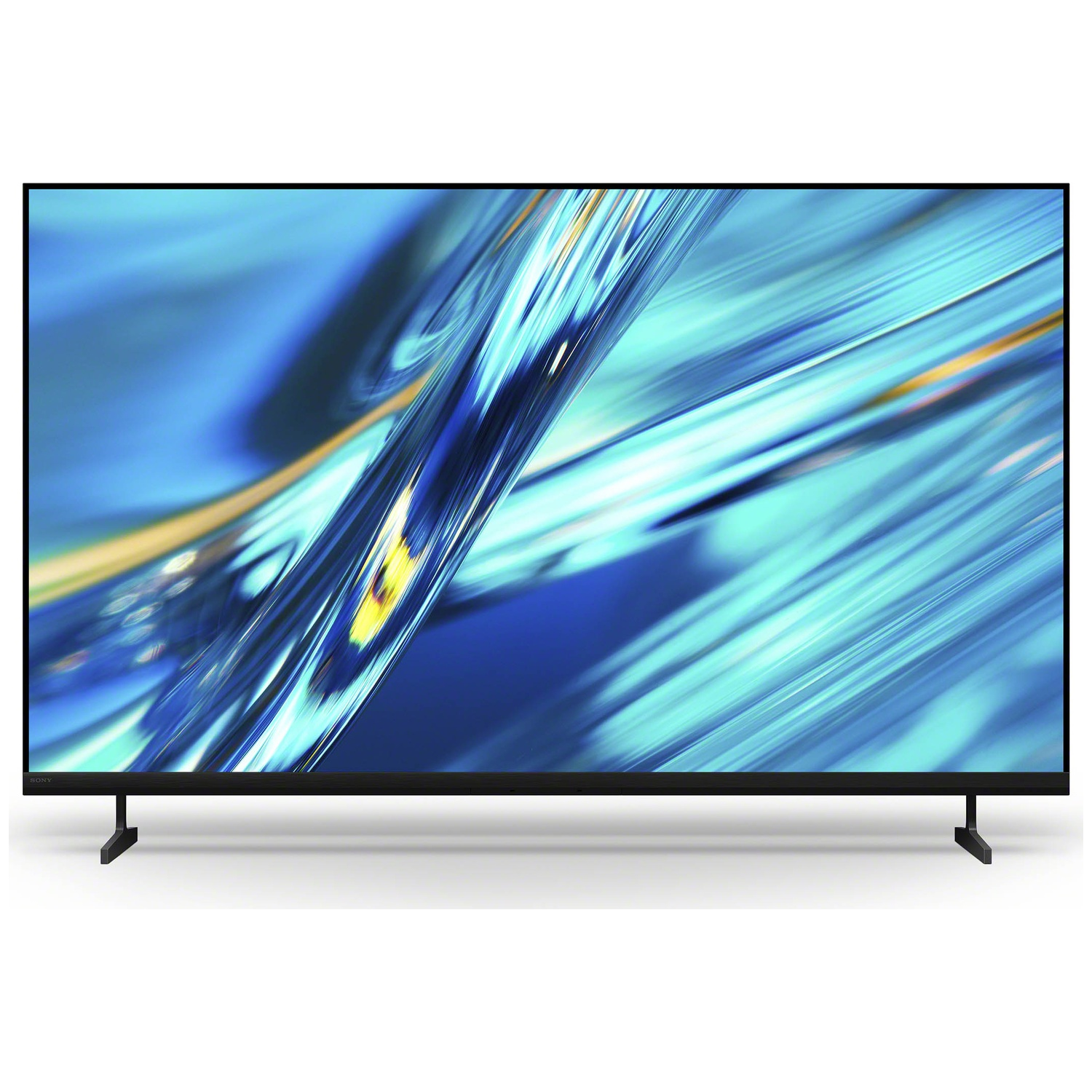 Een moderne televisie met een abstracte blauwe en gele achtergrond.