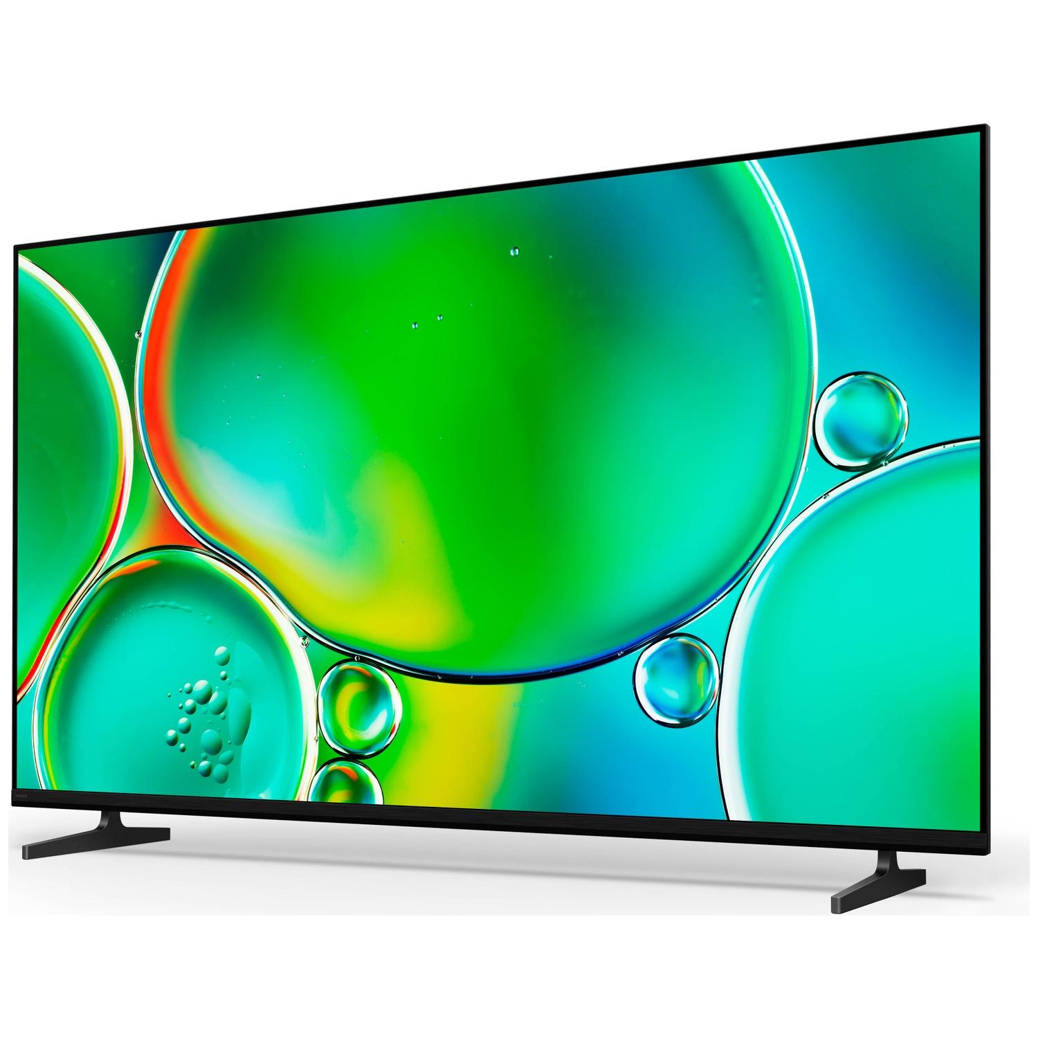 Een zwarte televisie met een kleurrijke, bubbelachtige achtergrondafbeelding.