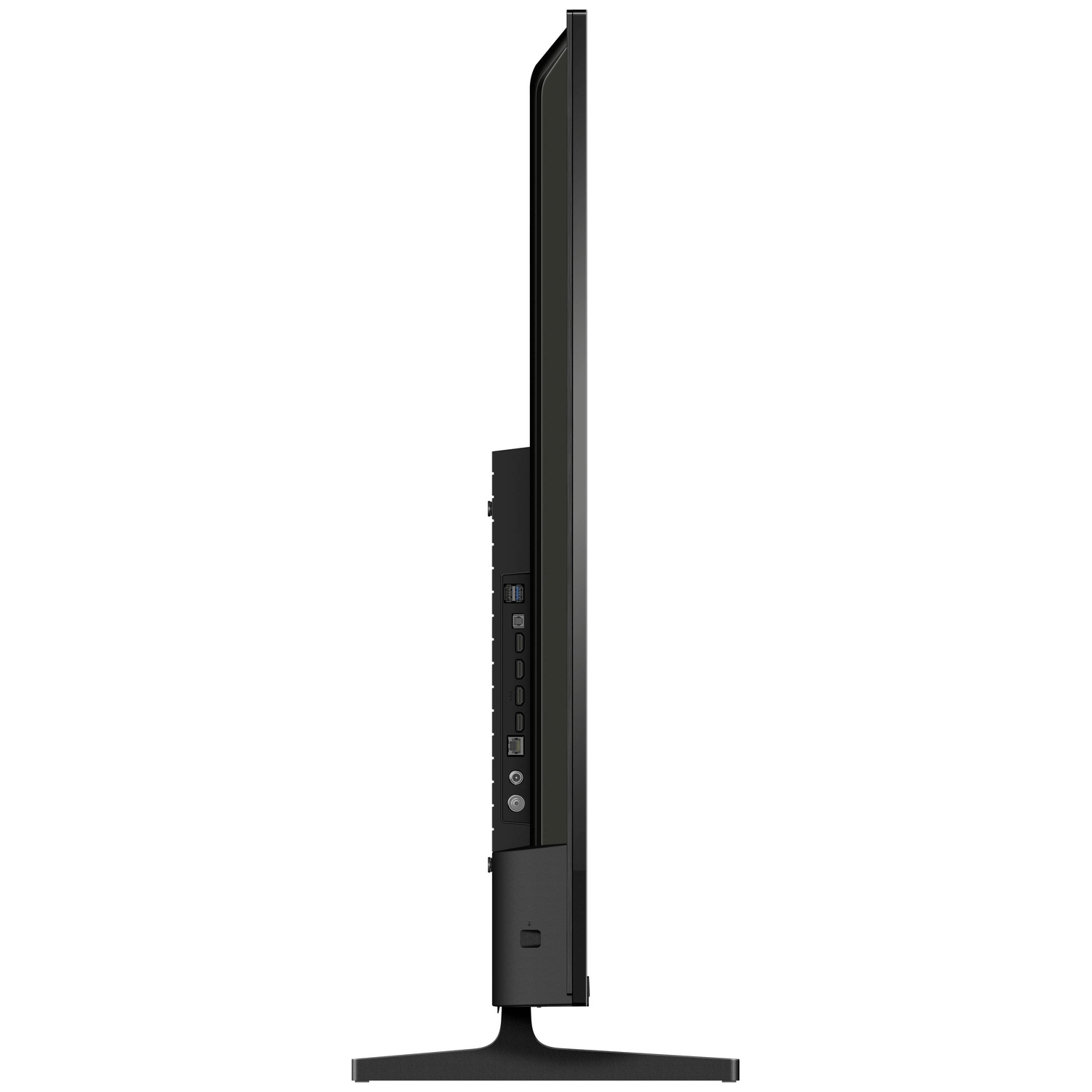Zijaanzicht van een slanke zwarte televisie met poorten aan de zijkant.