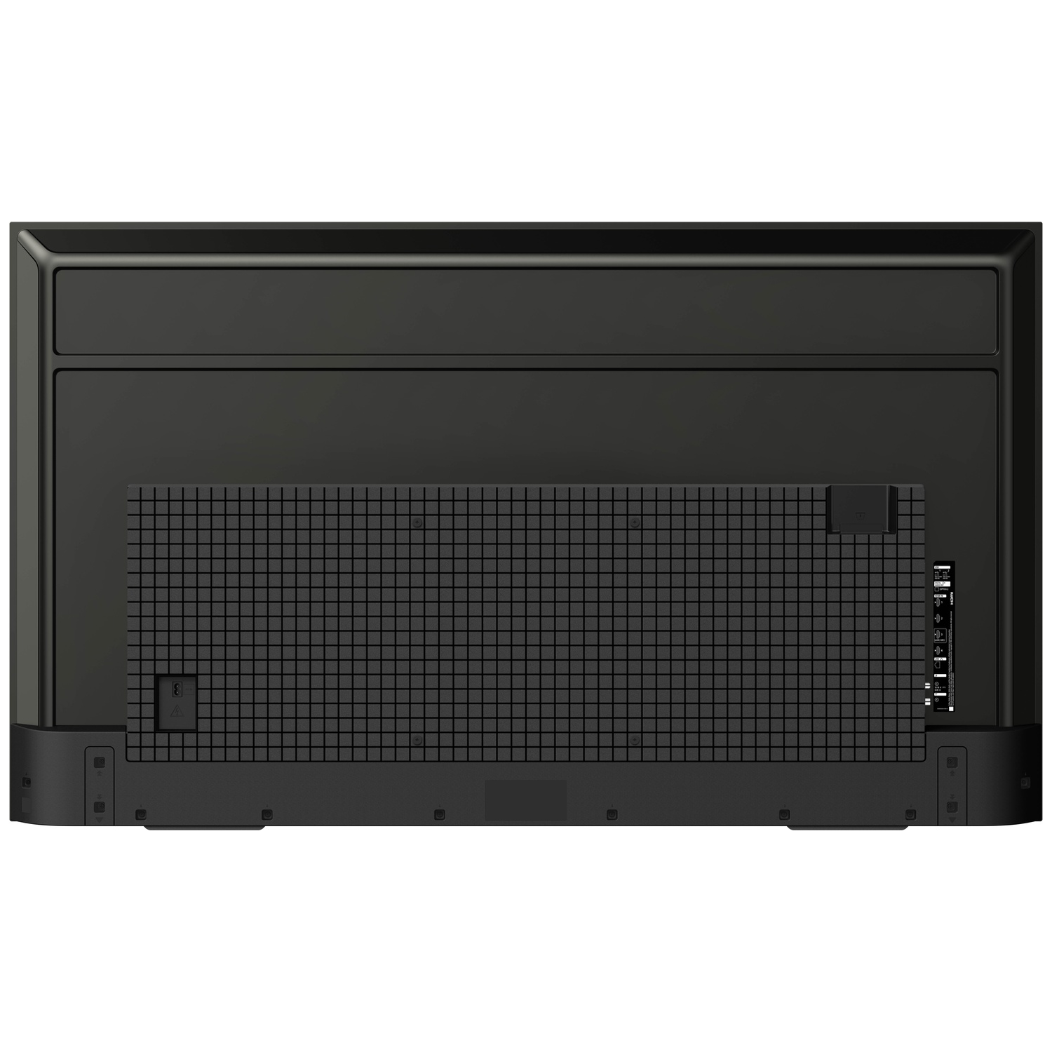 Achterkant van een zwarte televisie met ventilatierooster en poorten.