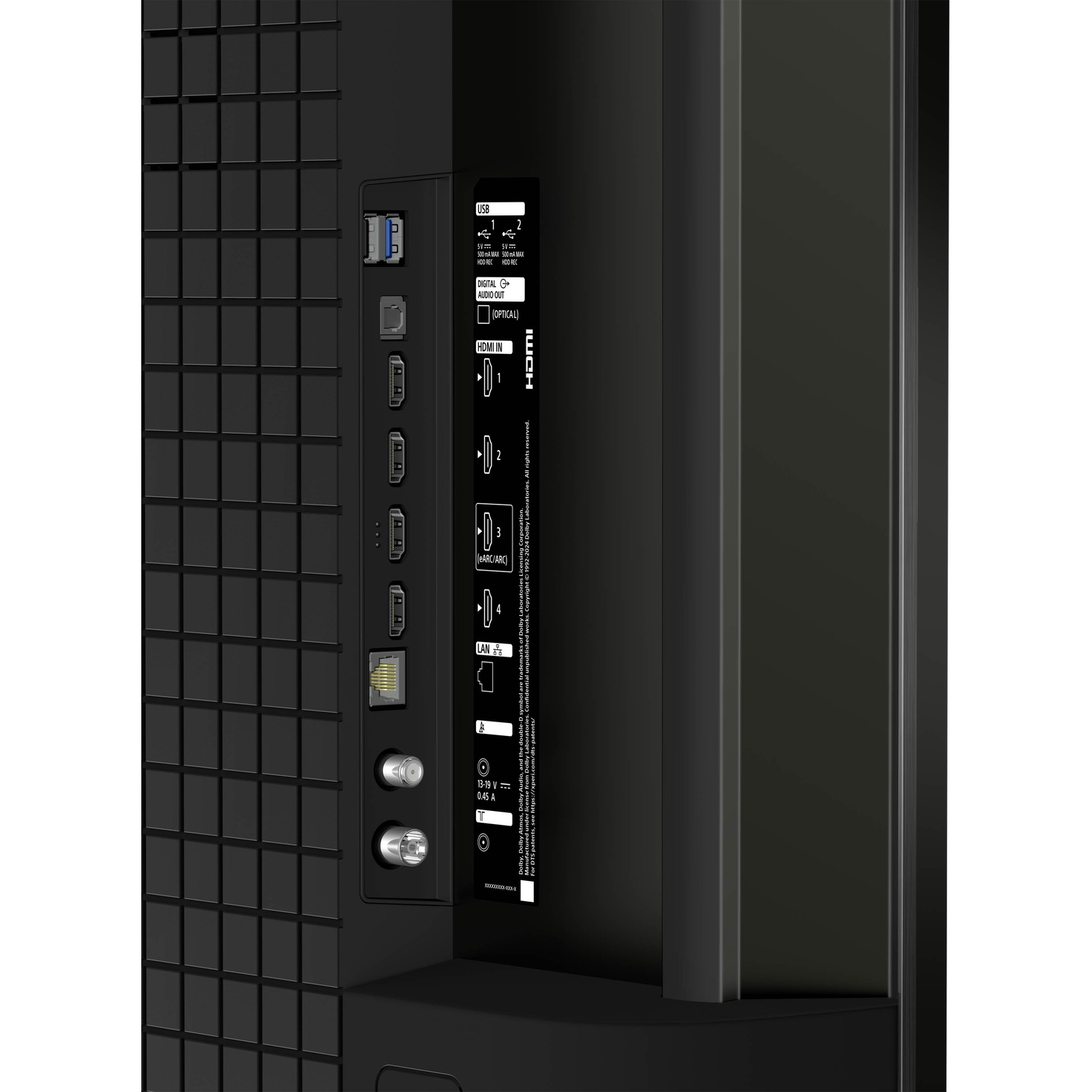 Achterkant van een tv met poorten: USB, HDMI, LAN, optisch, coaxiaal.